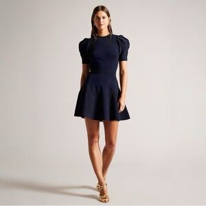 NWT Ted Baker London Navy Velvey Puff Sleeve Women's Dress Size 0
